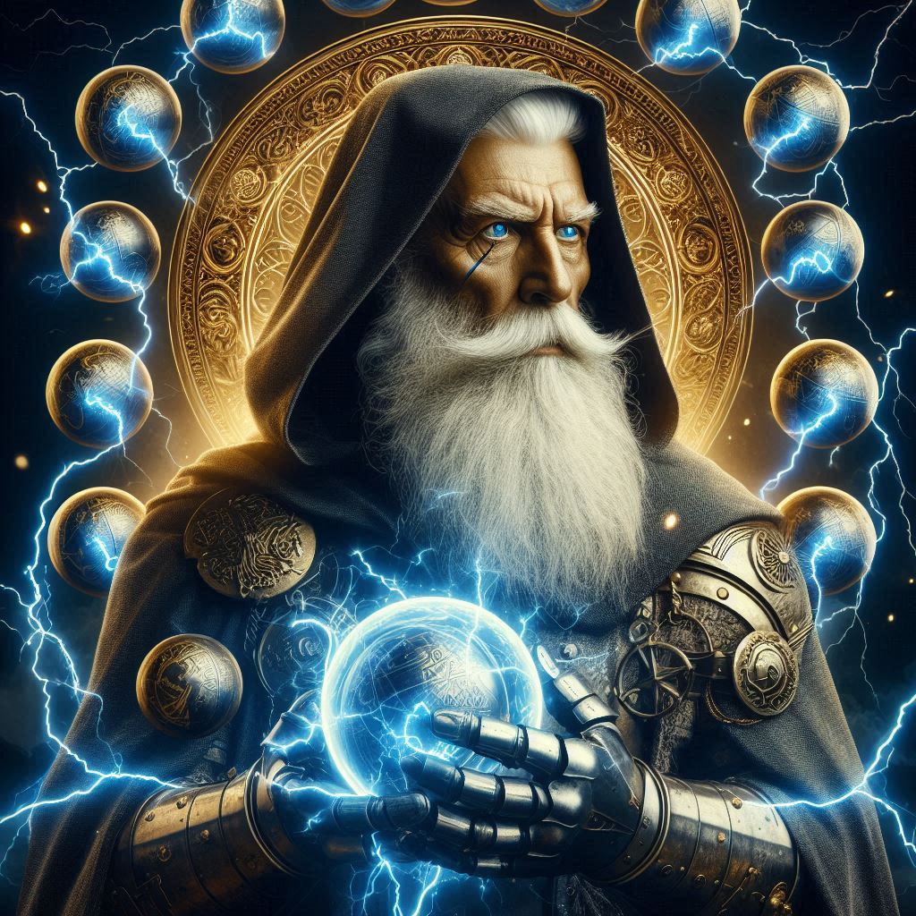 Old bold with white beard templar surrounded by many lightning orbs in a fantasy style