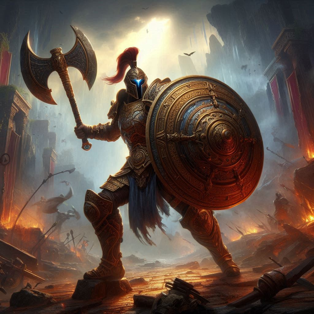 Solo Path of Exile Gladiator with a one-hand axe blocking with a big shield in a fantasy style